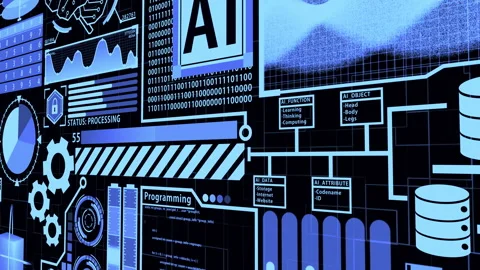 Futuristic AI HUD digital elements in Blue with Abstract BG (camera panning) Stock Footage 134168077