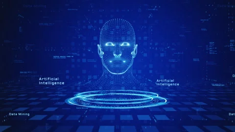 Futuristic AI human face composed of data points and binary code, Video stock 320031243