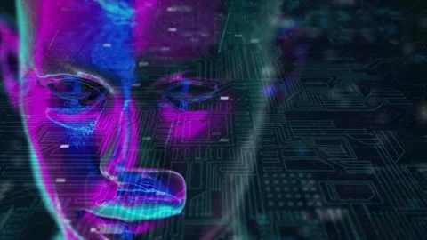 Futuristic AI Human Head Overlay on Digital Circuit Board Stock Footage 336021146