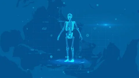 Futuristic AI Human Skeleton Blue Digital Interface Analysis Technology Stockillustratie