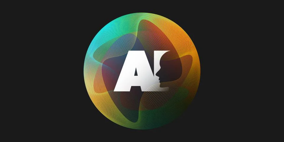 Futuristic AI icon featuring bold white 'AI' letters with a humanoid robot .. Stock Illustration