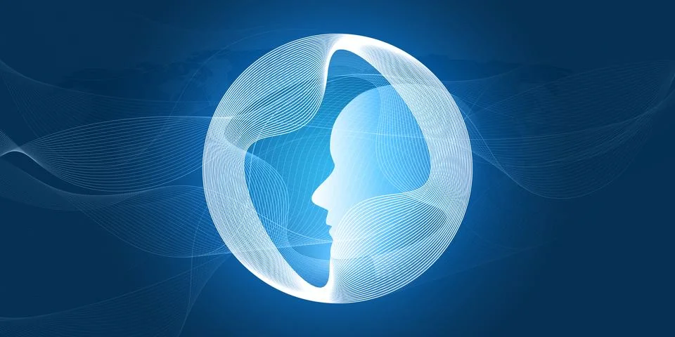 Futuristic AI icon featuring a humanoid robot face silhouette profile integ.. Иллюстрация