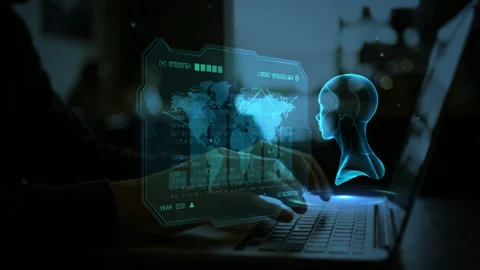 Futuristic AI Interaction with Holographic Display at a Laptop Interface Vídeos de archivo 339132873
