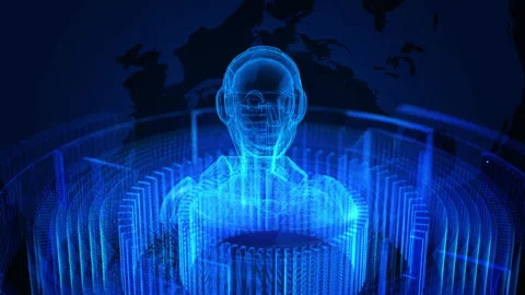Futuristic AI Interface: Glowing 3D Digital Human in Blue Light, Virtual Re.. 库存影片 339264396