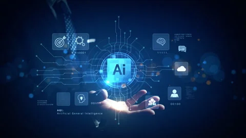 Futuristic AI interface with icons of machine learning Stock Footage 337862593