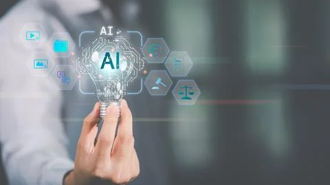 Futuristic AI interface showing digital transformation, machine learning, d.. 스톡 사진