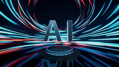 Futuristic AI logo glowing on stage with abstract glowing light streaks mov.. Stock Footage 332317292