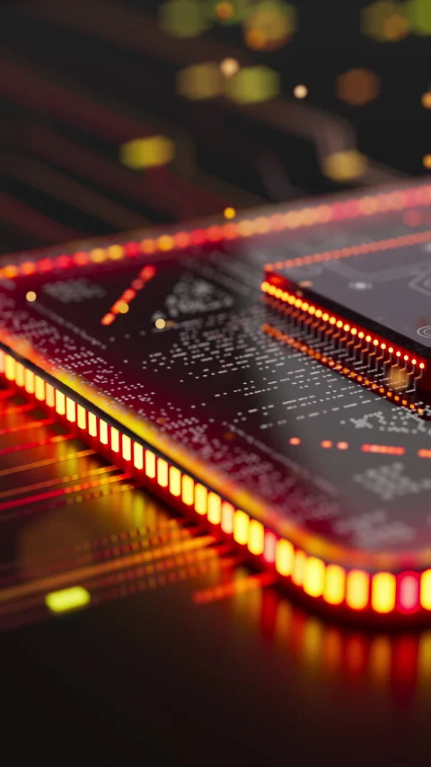Futuristic AI microchip glowing on a digital circuit board Stock Footage 341882980