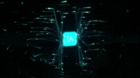 Futuristic AI microchip rotating amidst glowing digital data streams on dar.. Stock Footage 344835397