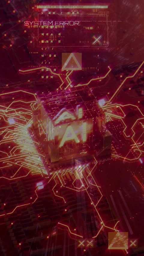 Futuristic AI Microchip With System Error Hologram Warning On Circuit Board Vidéo 336042719