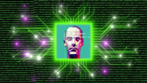Futuristic AI Portrait Surrounded by Digital Code and Circuitry Stock Footage 344059330