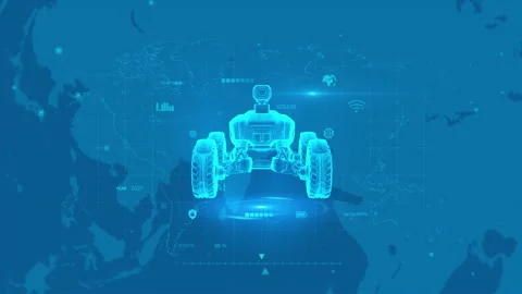 Futuristic AI-Powered Vehicle on Digital World Map Background Visualization Stock Footage 342004158