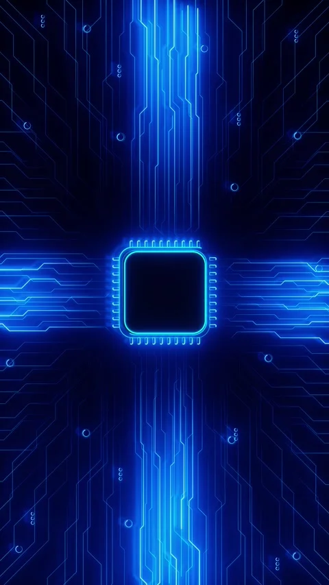 Futuristic AI Processor Chip with Blue Circuit Network Video stock 341366247