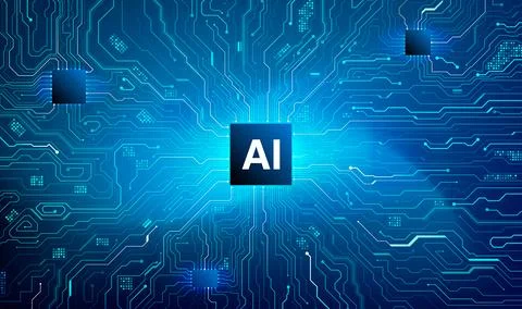 Futuristic AI processor chip with multiple chips and glowing cyan circuit boa Illustrazione stock