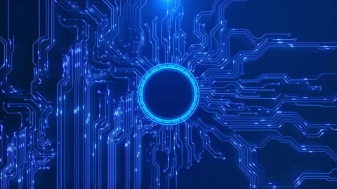 Futuristic AI processor circuit board, interconnected lines data flow advanced c Video stock 342786601