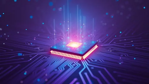 Futuristic AI processor with digital light beam effects Stock-Footage 337337038