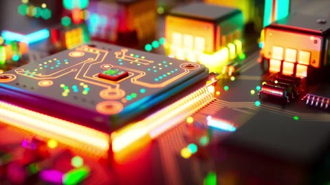Futuristic AI processor on a glowing motherboard Stock Footage 338956736