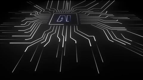 Futuristic AI Processor with White Glowing Circuit Lines on Black Background Vidéo 333912080