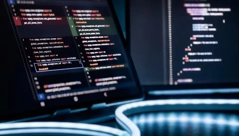 Futuristic AI Programming Workspace with 2026 Numbers and Source Code on Scre Stock Photos