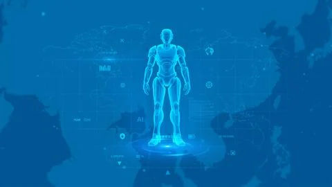 Futuristic AI Robot on Digital Map Background with Blue Cyber Grid Design Stock Illustration