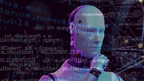 Futuristic AI Robot Examining Programming Code Stock Footage 336011364