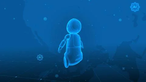 Futuristic AI Robot Exploring Digital World in Blue Holographic Style Stock Illustration