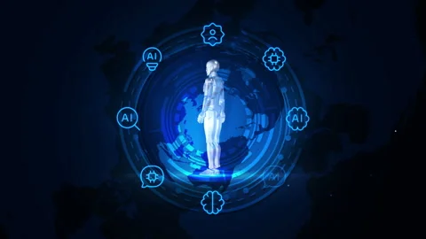 Futuristic AI Robot Hologram with Digital Interface in Dark Cybernetic Settin Stock Footage 339112475