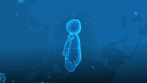 Futuristic AI Robot Hologram with Digital Globe Background and Blue Hue Stock Footage 341377323