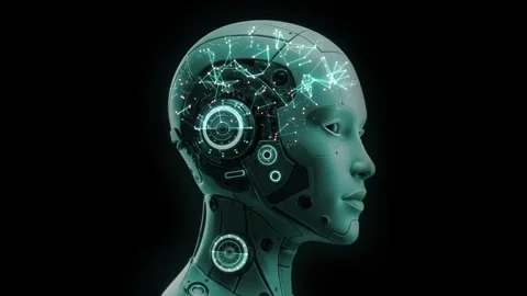 Futuristic AI robot with illuminated circuits and neural connections visualized. Stock Footage 314275610