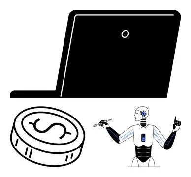 Futuristic AI robot programming concept with laptop and virtual currency coin Stock Illustration