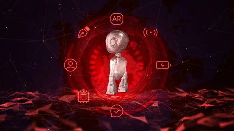 Futuristic AI Robot Surrounded by Digital Interface in Red and Dark Hues Stock Footage 339175514