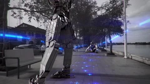 Futuristic AI Robots on Riverside Boardwalk — Cyber Surveillance Concept Stock Footage 319383155