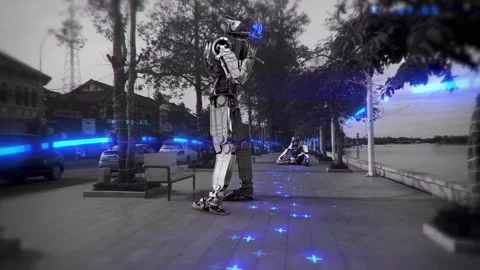Futuristic AI Robots on Riverside Boardwalk — Cyber Surveillance Concept Stock Footage 319608663