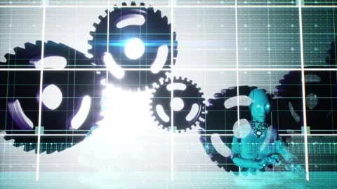 Futuristic AI robots working with rotating gears on a digital grid bg Stock-Footage 333399172