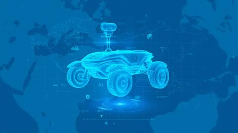 Futuristic AI Rover with Global Digital Map in High-Tech Blue Background Stock-Illustration