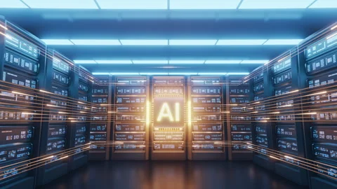 Futuristic AI Server Room with Data Flow and Glowing Chip Stock Footage 327715343