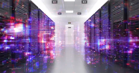 Futuristic AI server room with digital data processing effects. 库存影片 337176245