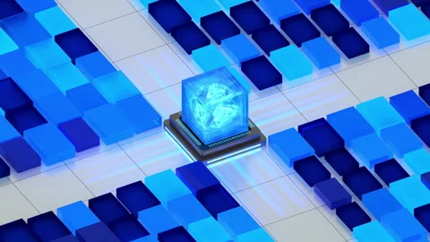 Futuristic ai technology 3D animation of glowing blue plasma cube on CPU chip Stockbeeldmateriaal 317132570