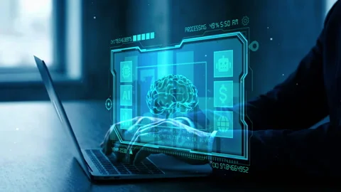 Futuristic AI Technology Concept with Laptop and Holographic Interface Disp.. Stock Footage 339131756