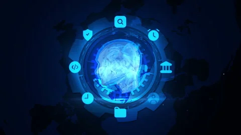 Futuristic AI Technology with Digital Human Head in Blue Neon Interface 库存影片 339112477