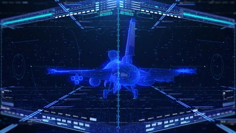 Futuristic AI Technology Displaying Holographic 3D Wireframe Blueprint Stock Footage 336159239