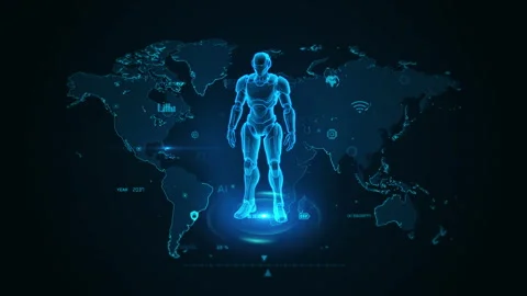 Futuristic AI Technology Human Figure on Digital World Map Background Stock Footage 342231317