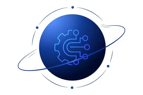 Futuristic AI Technology Planet with Digital Circuit Network and Orbital Design Stock Illustration