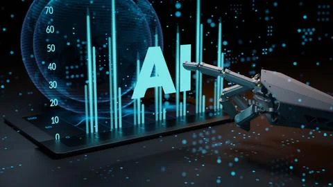 Futuristic AI technology with robot hand analyzing data graph Machine learn.. Stock Illustration