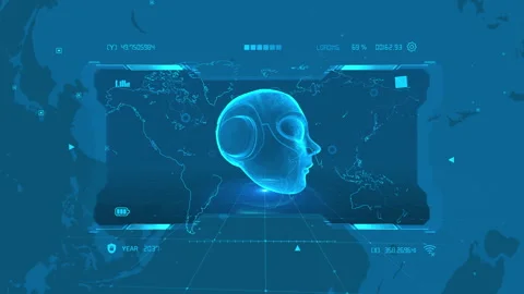 Futuristic AI Technology with Virtual World Map and Digital Head Interface Stock Footage 341532257