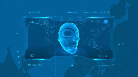 Futuristic AI Technology with Virtual World Map and Digital Head Interface Stock Illustration