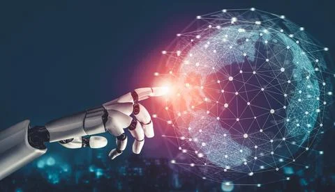 Futuristic AI thinking of droid robot artificial intelligence concept Stock Illustration