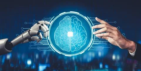 Futuristic AI thinking of droid robot artificial intelligence concept Illustrazione stock