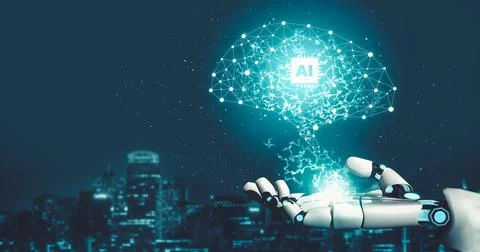 Futuristic AI thinking of droid robot artificial intelligence concept Stock Illustration