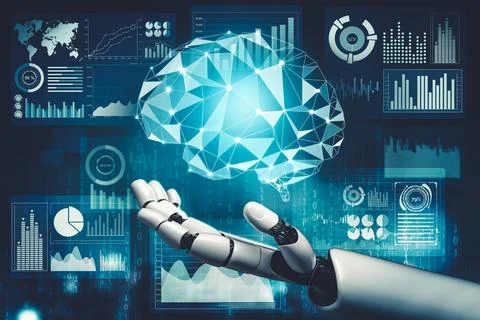 Futuristic AI thinking of droid robot artificial intelligence concept Stockillustratie